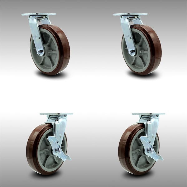 Service Caster 8 Inch Stainless Steel Polyurethane Swivel Caster Set with Roll Bearing 2 Brakes SCC-SS30S820-PPUR-2-TLB-2 - main